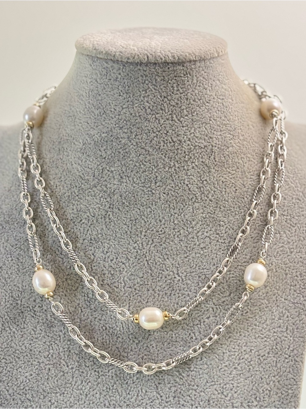 David Yurman 925 & 18k Gold Bijoux Pearl Station Necklace 36"